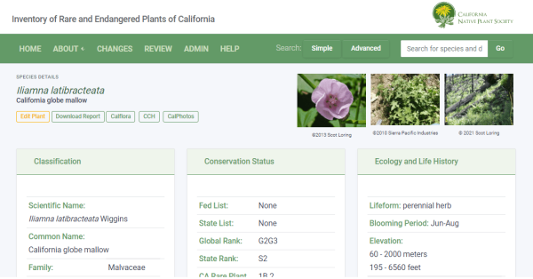 CNPS Rare Plant Inventory Detail Page